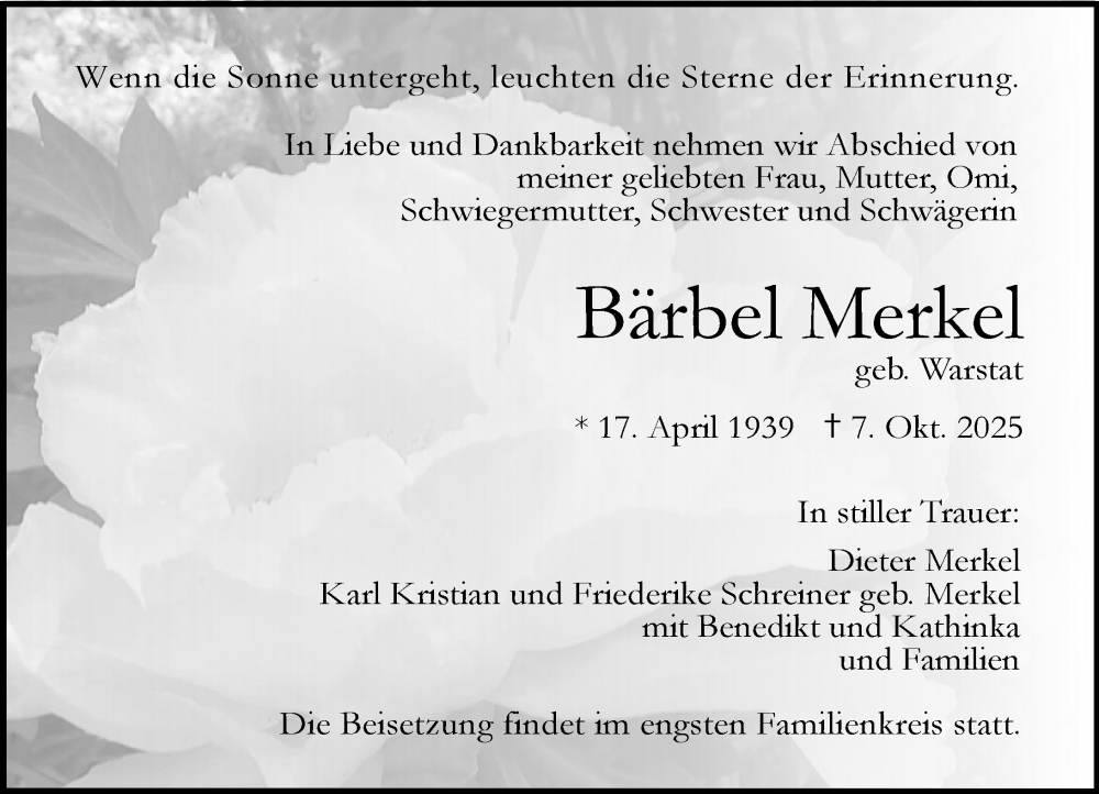  Traueranzeige für Bärbel Merkel vom 11.10.2025 aus Darmstädter Echo