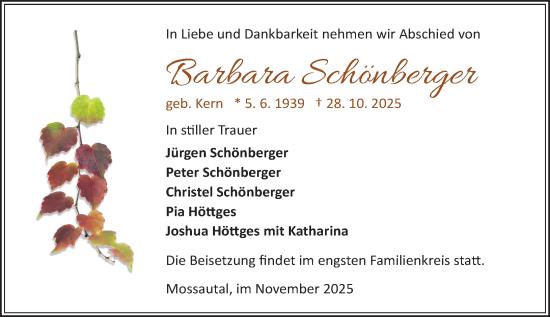Traueranzeige von Barbara Schönberger von Odenwälder Echo
