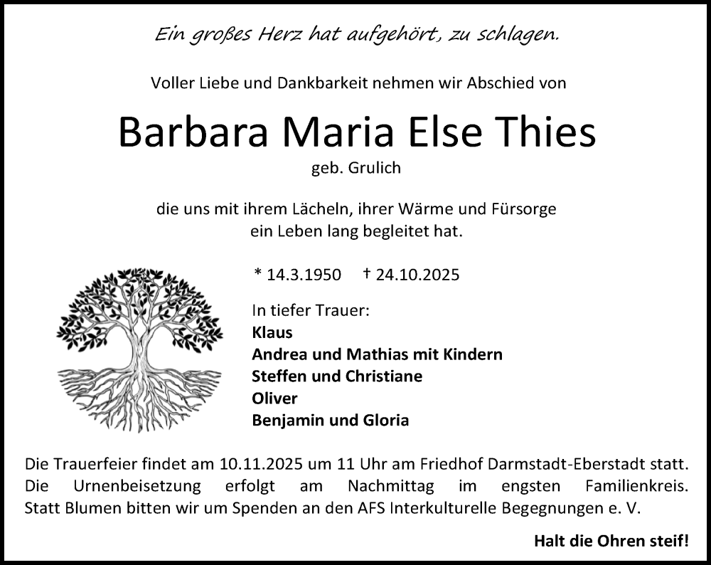  Traueranzeige für Barbara Maria Else Thies vom 01.11.2025 aus Darmstädter Echo