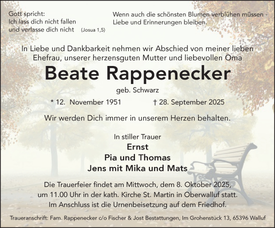 Traueranzeige von Beate Rappenecker von Rheingau Kurier