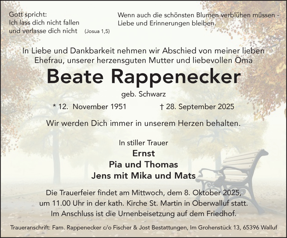  Traueranzeige für Beate Rappenecker vom 04.10.2025 aus Rheingau Kurier