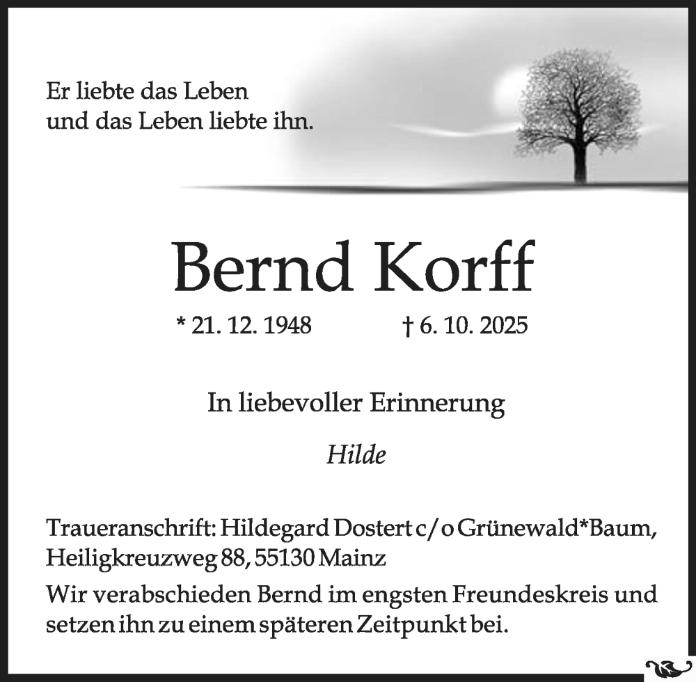  Traueranzeige für Bernd Korff vom 18.10.2025 aus Allgemeine Zeitung Mainz