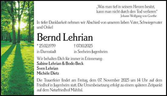 Traueranzeige von Bernd Lehrian von Darmstädter Echo