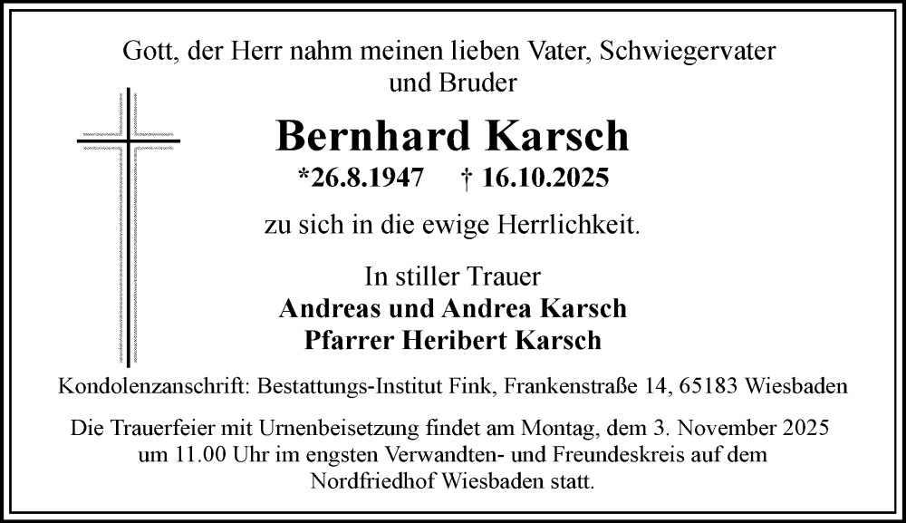  Traueranzeige für Bernhard Karsch vom 25.10.2025 aus Wiesbadener Kurier