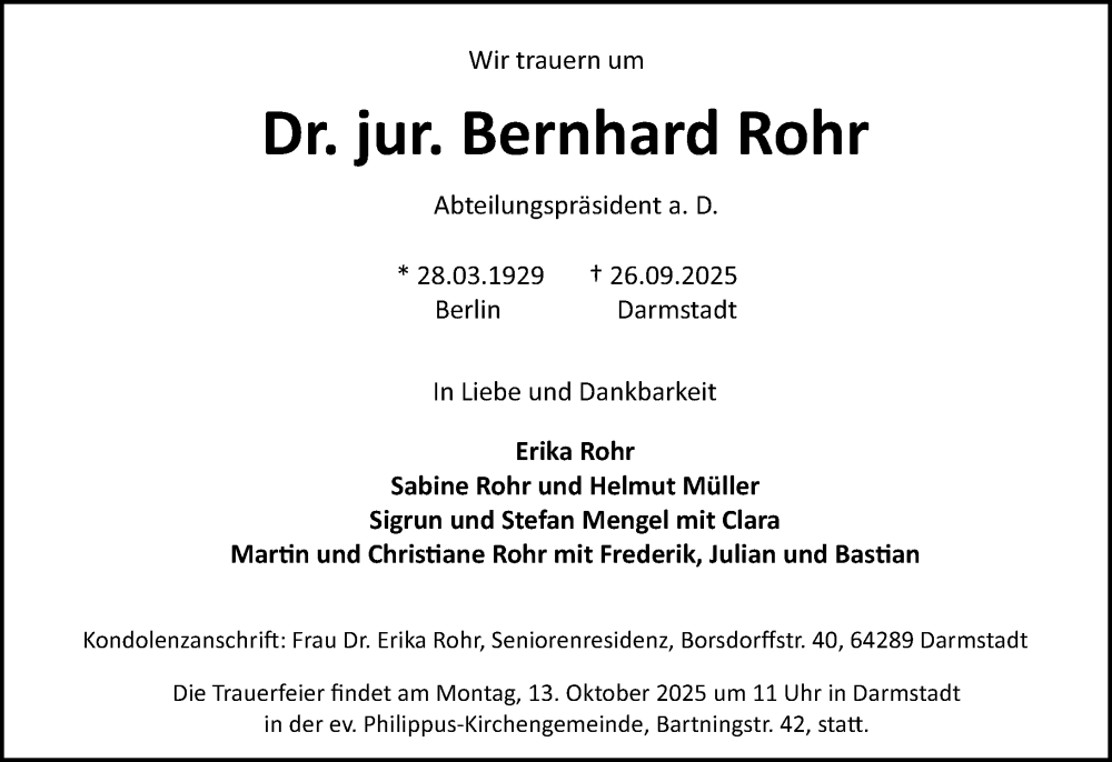  Traueranzeige für Bernhard Rohr vom 04.10.2025 aus Darmstädter Echo