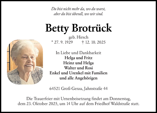 Traueranzeige von Betty Brotrück von Groß-Gerauer Echo