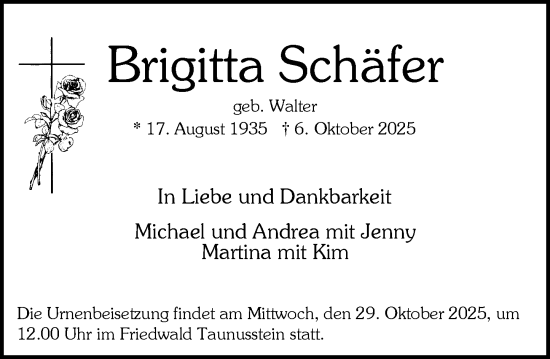 Traueranzeige von Brigitta Schäfer von Wiesbadener Kurier