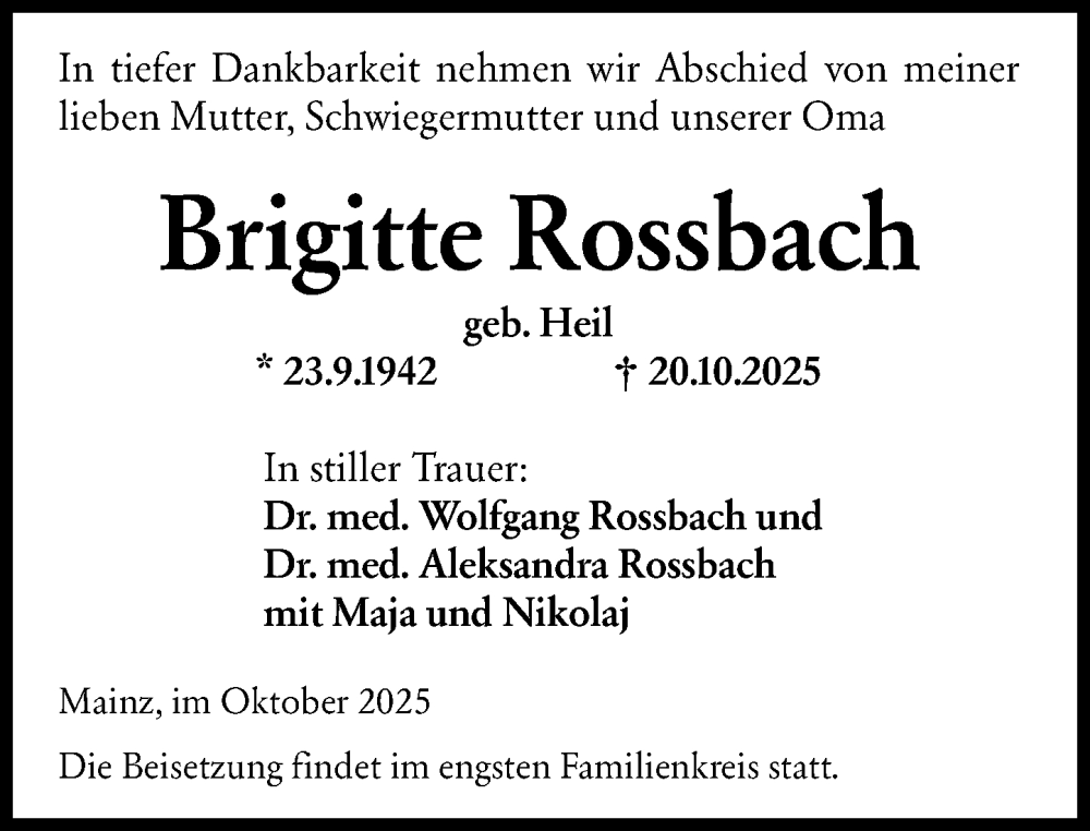  Traueranzeige für Brigitte Rossbach vom 25.10.2025 aus Wiesbadener Kurier