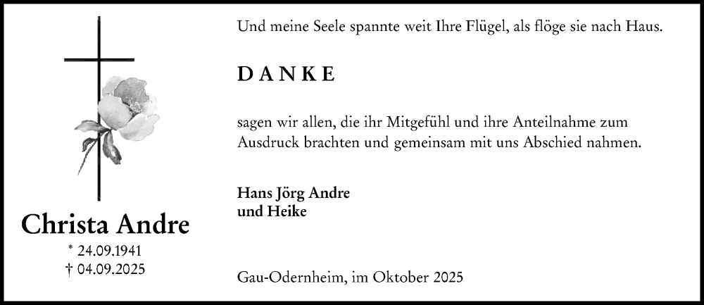  Traueranzeige für Christa Andre vom 18.10.2025 aus Allgemeine Zeitung Alzey