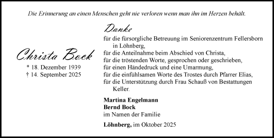 Traueranzeige von Christa Bock von Weilburger Tageblatt