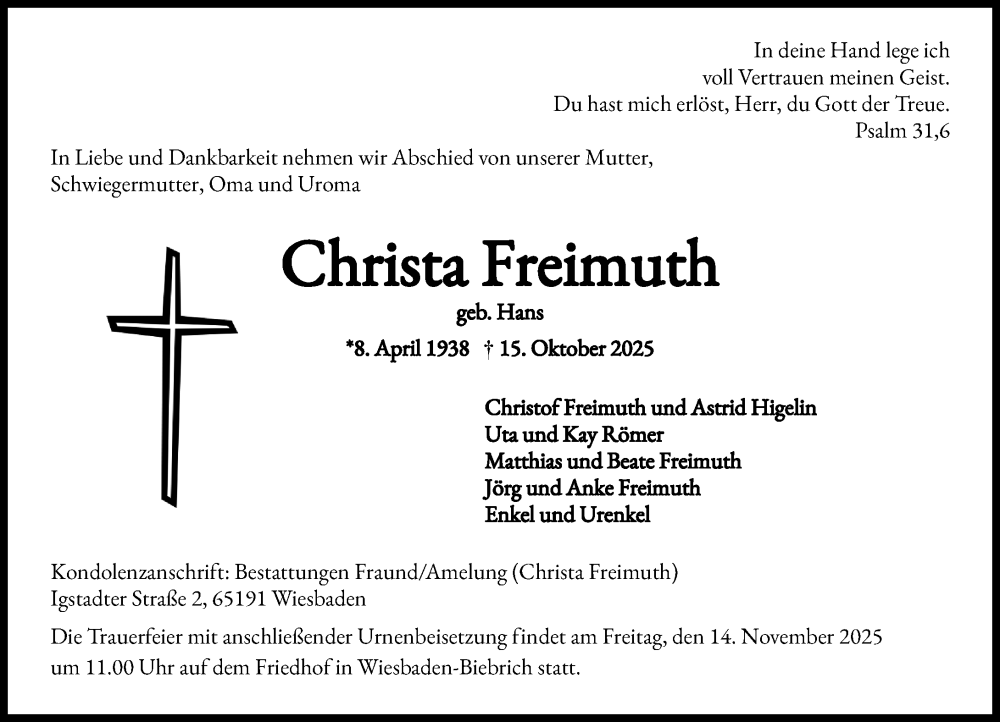  Traueranzeige für Christa Freimuth vom 01.11.2025 aus Wiesbadener Kurier