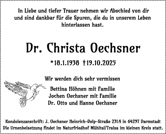 Traueranzeige von Christa Oechsner von Darmstädter Echo
