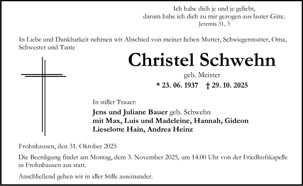  Traueranzeige für Christel Schwehn vom 31.10.2025 aus Dill Block