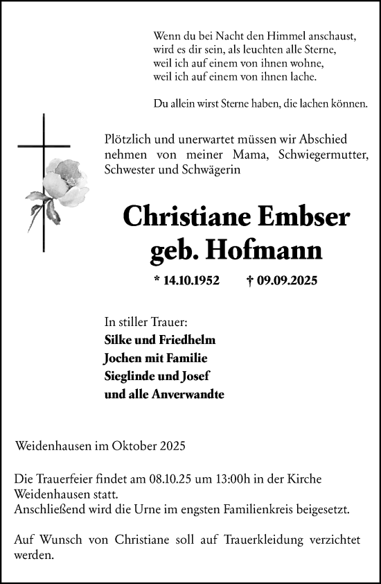 Traueranzeige von Christiane Embser von Hinterländer Anzeiger