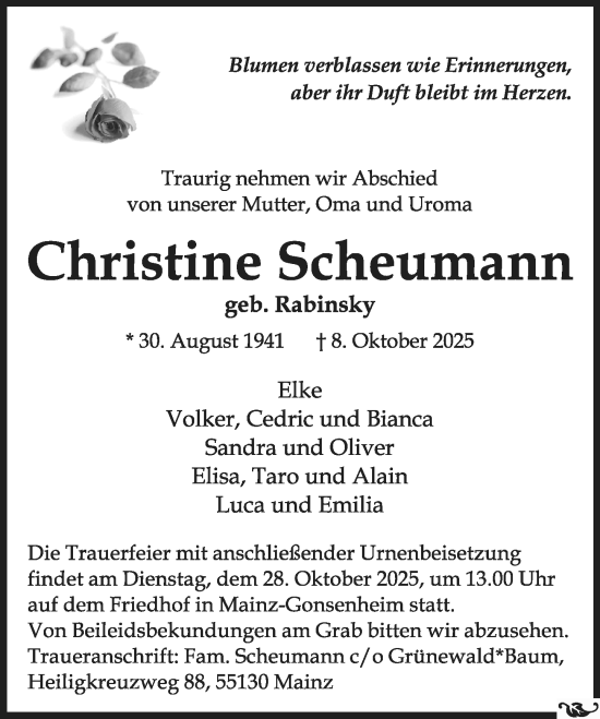 Traueranzeige von Christine Scheumann von Allgemeine Zeitung Mainz