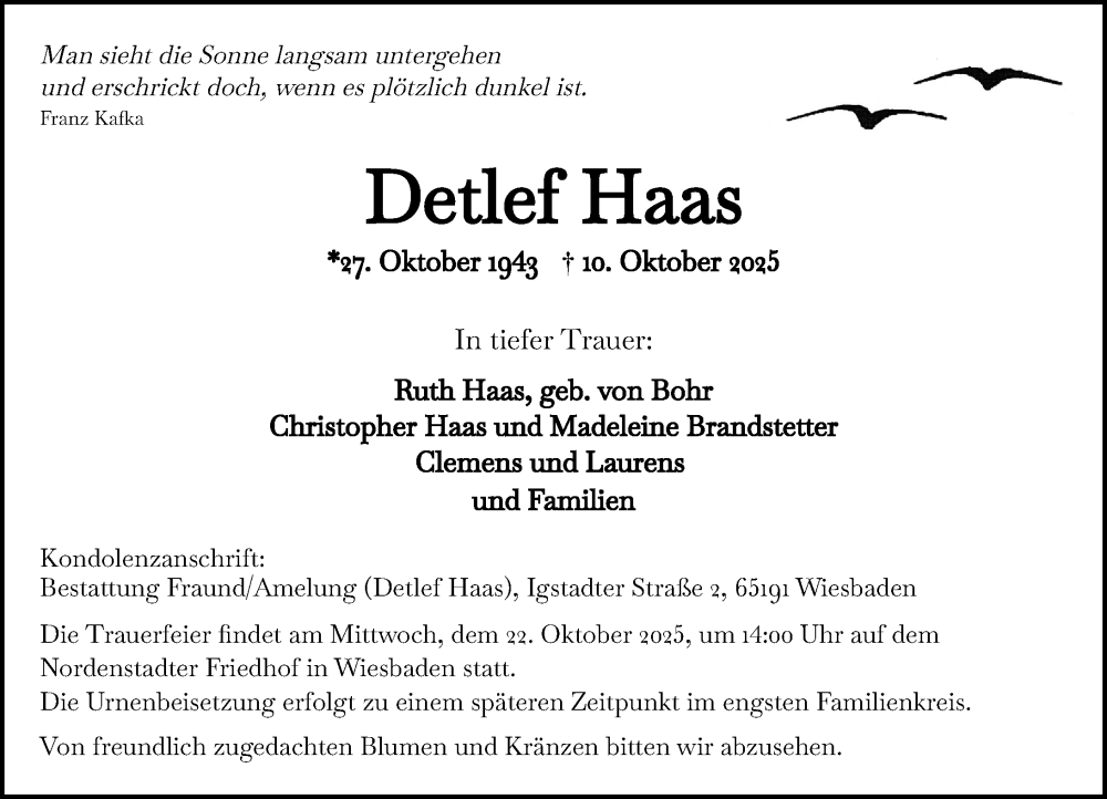  Traueranzeige für Detlef Haas vom 18.10.2025 aus Wiesbadener Kurier