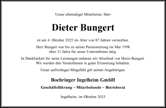 Traueranzeige von Dieter Bungert von Allgemeine Zeitung Rheinhessen-Nahe