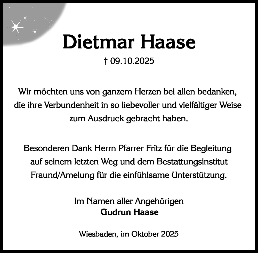  Traueranzeige für Dietmar Haase vom 01.11.2025 aus Wiesbadener Kurier
