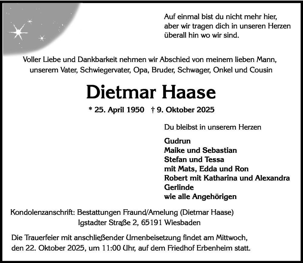  Traueranzeige für Dietmar Haase vom 18.10.2025 aus Wiesbadener Kurier