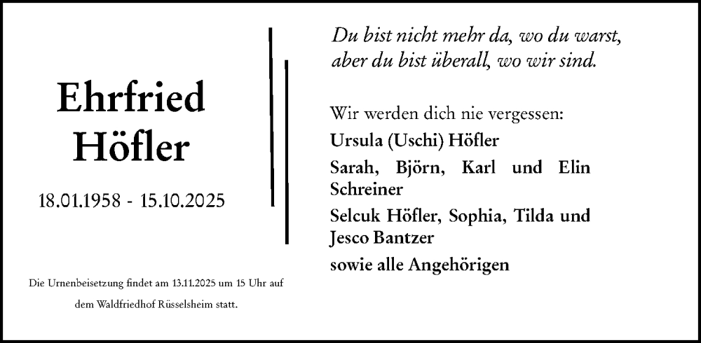  Traueranzeige für Ehrfried Höfler vom 25.10.2025 aus Rüsselsheimer Echo