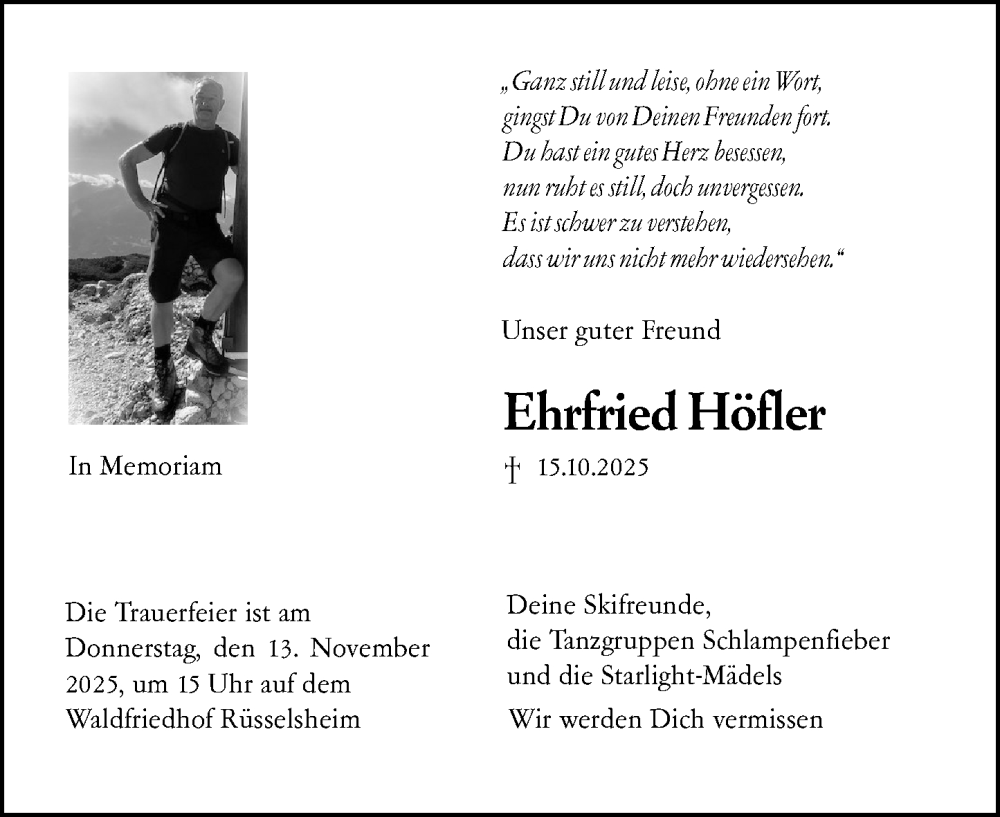  Traueranzeige für Ehrfried Höfler vom 25.10.2025 aus Rüsselsheimer Echo