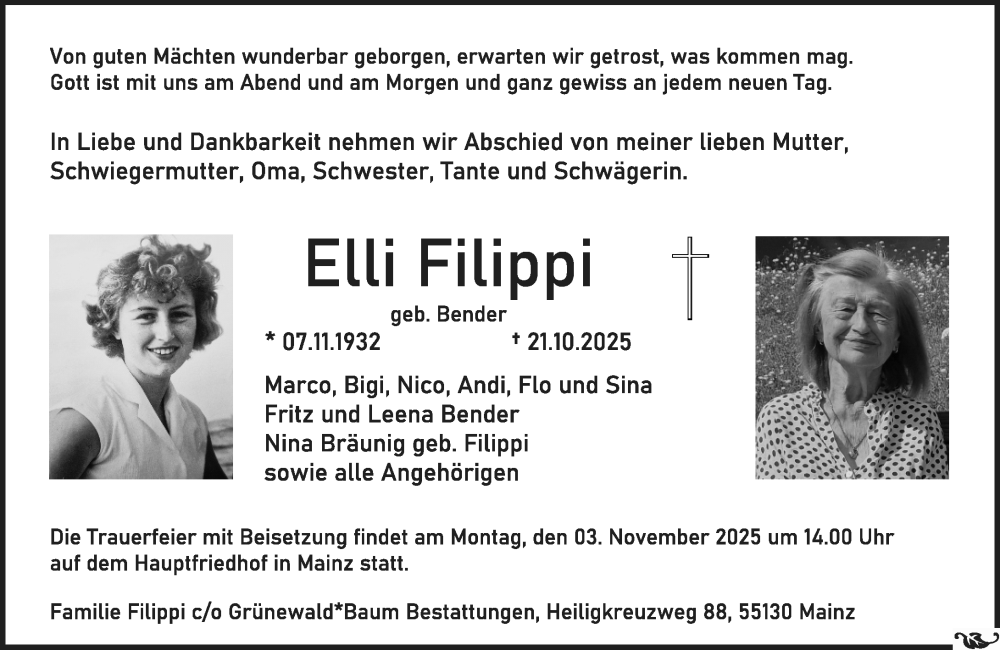  Traueranzeige für Elli Filippi vom 25.10.2025 aus Allgemeine Zeitung Mainz