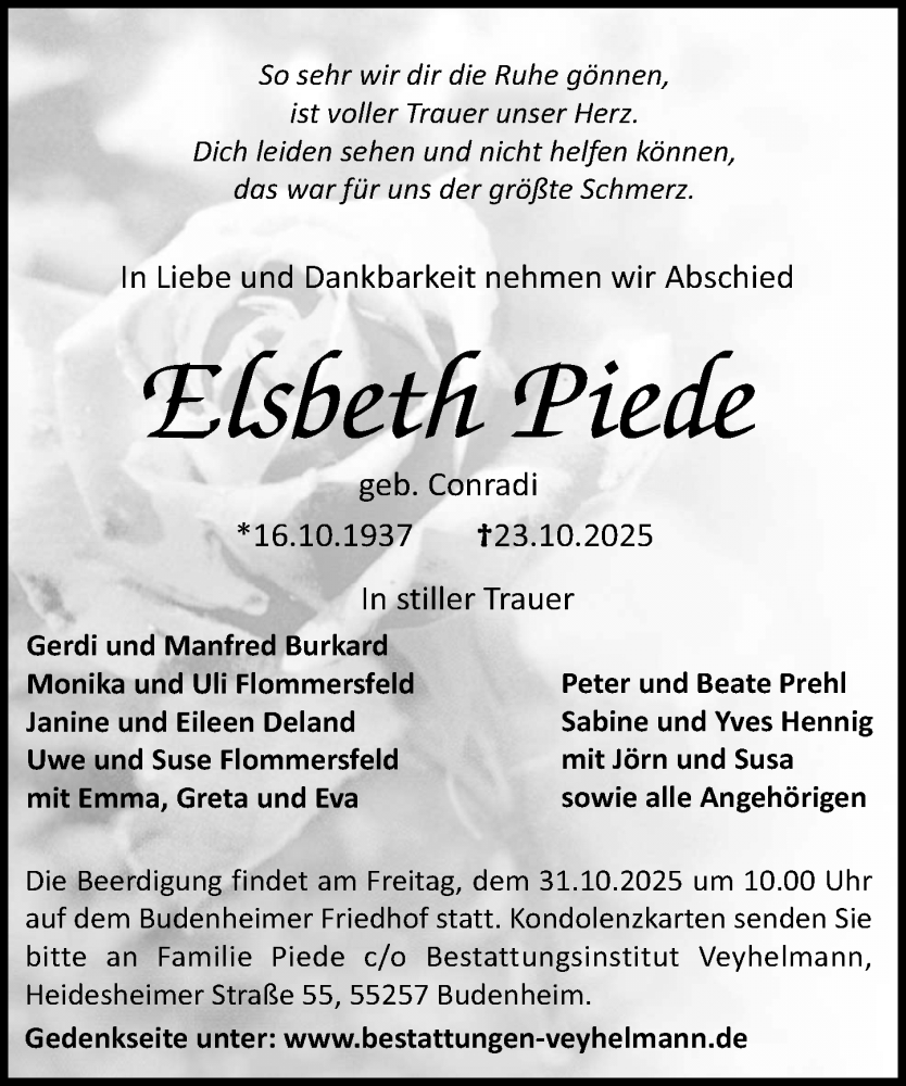  Traueranzeige für Elsbeth Piede vom 29.10.2025 aus Allgemeine Zeitung Mainz