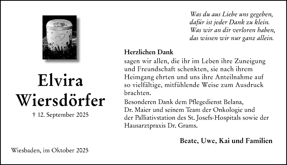  Traueranzeige für Elvira Wiersdörfer vom 18.10.2025 aus Wiesbadener Kurier
