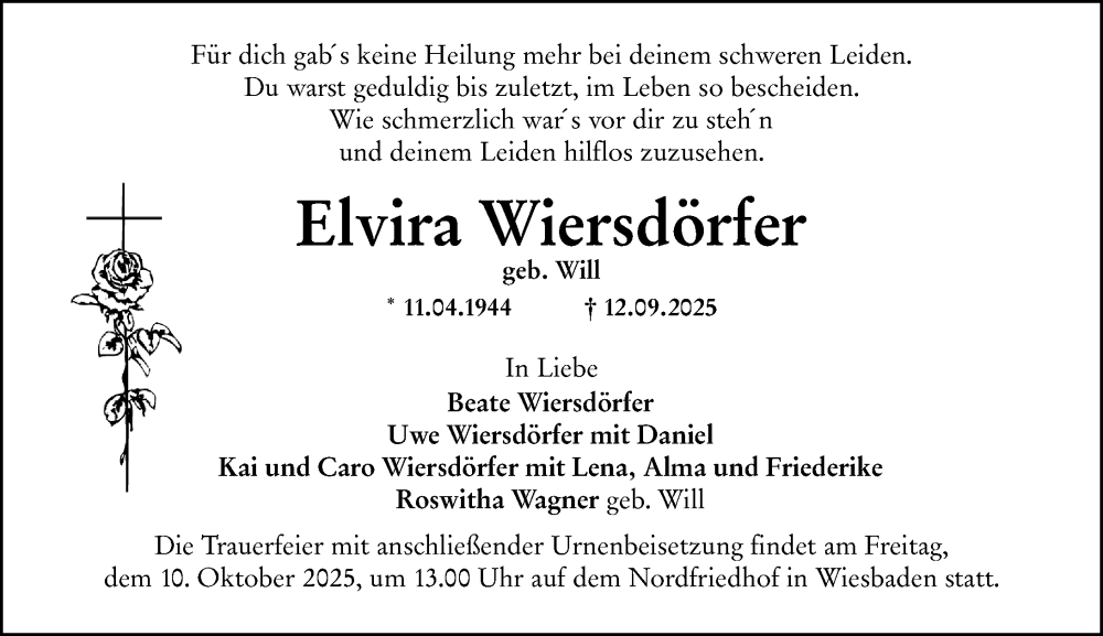  Traueranzeige für Elvira Wiersdörfer vom 04.10.2025 aus Wiesbadener Kurier