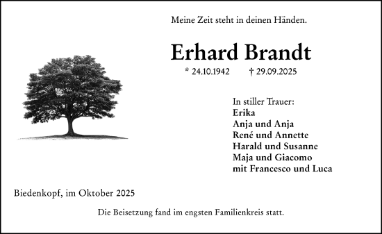 Traueranzeige von Erhard Brandt von Hinterländer Anzeiger