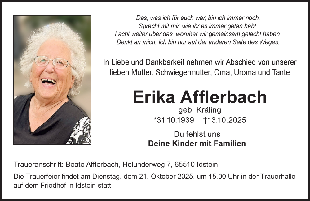  Traueranzeige für Erika Afflerbach vom 18.10.2025 aus Idsteiner Land/Untertaunus