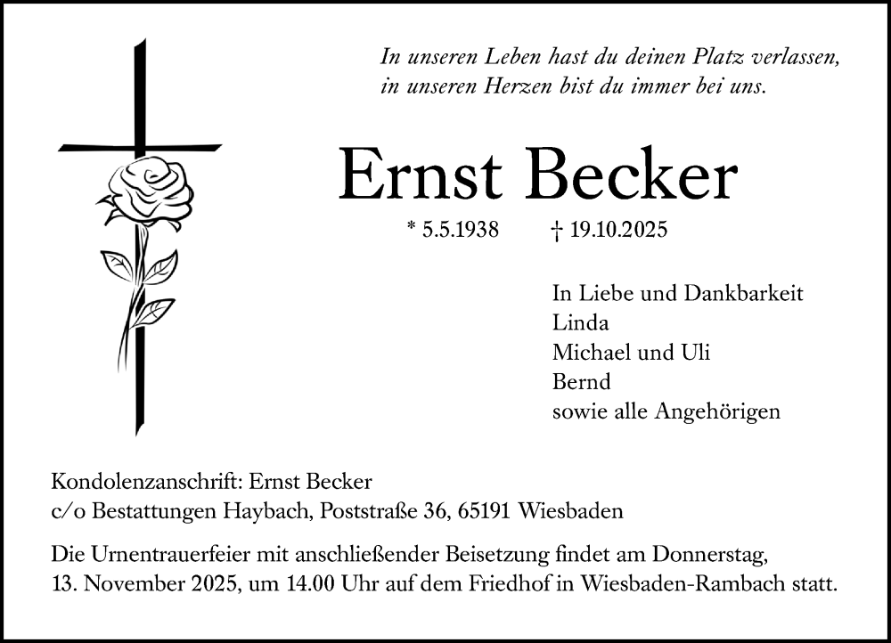  Traueranzeige für Ernst Becker vom 01.11.2025 aus Wiesbadener Kurier