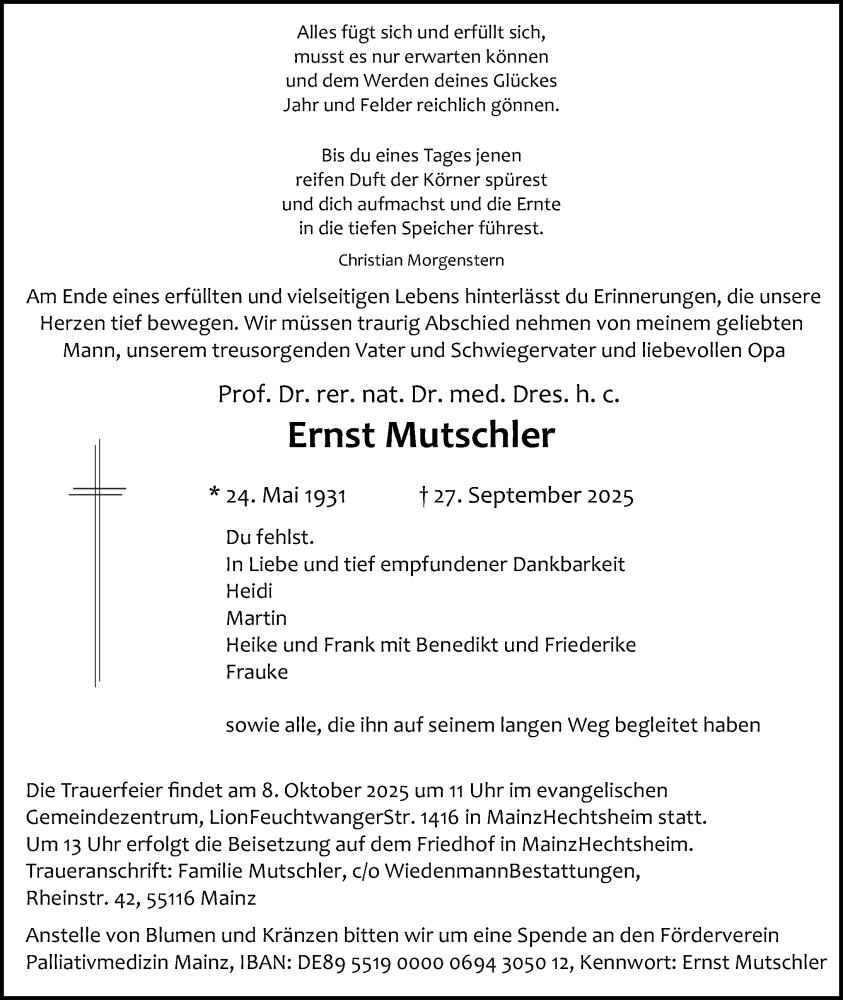  Traueranzeige für Ernst Mutschler vom 04.10.2025 aus Allgemeine Zeitung Mainz