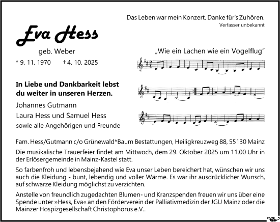 Traueranzeige von Eva Hess von Allgemeine Zeitung Mainz