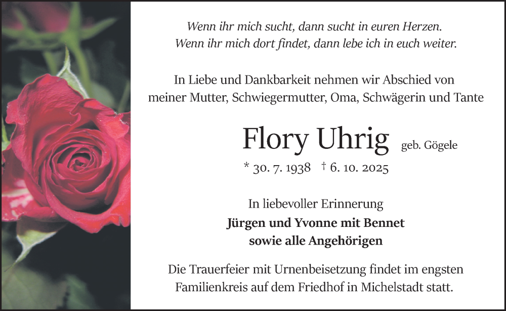  Traueranzeige für Flory Uhrig vom 11.10.2025 aus Odenwälder Echo