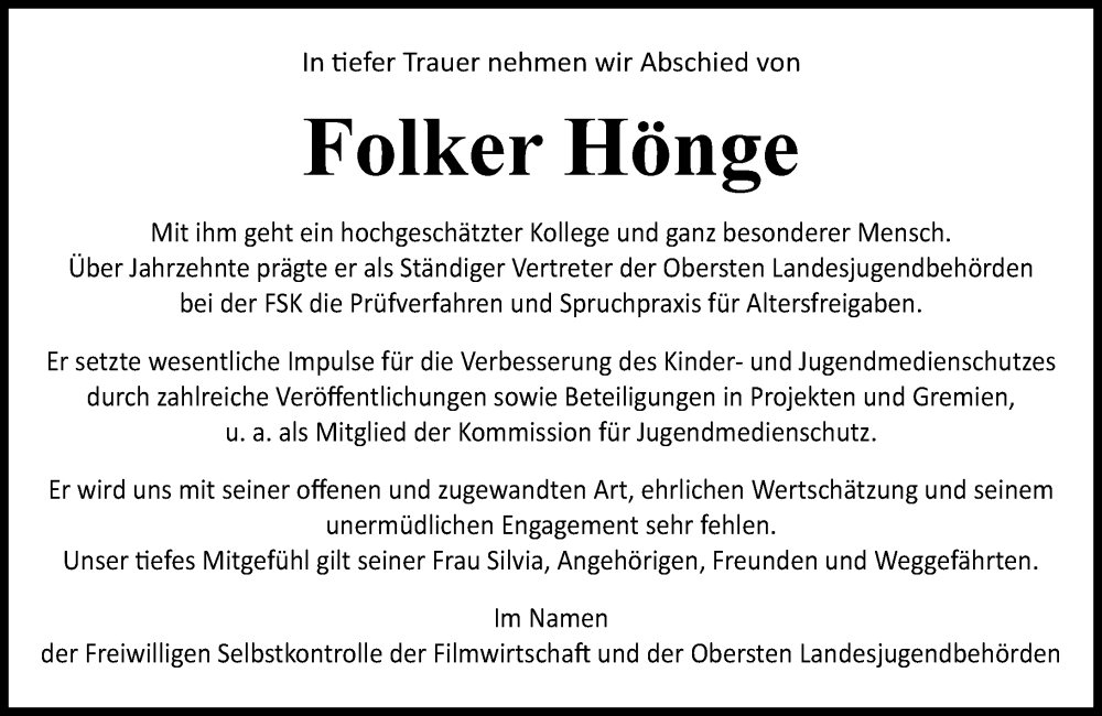  Traueranzeige für Folker Hönge vom 25.10.2025 aus Wiesbadener Kurier