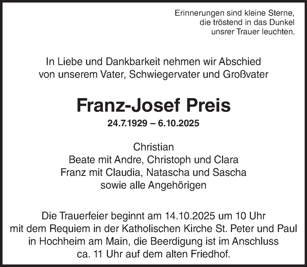  Traueranzeige für Franz-Josef Preis vom 10.10.2025 aus Hochheimer Zeitung