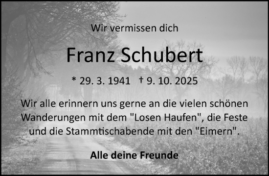 Traueranzeige von Franz Schubert von Odenwälder Echo