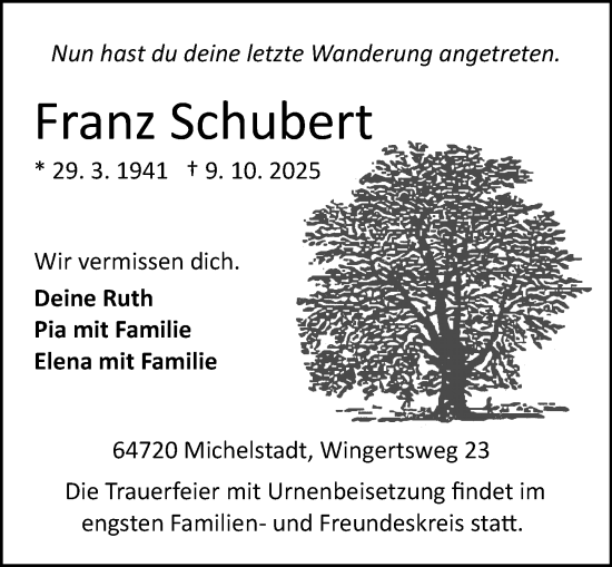 Traueranzeige von Franz Schubert von Odenwälder Echo