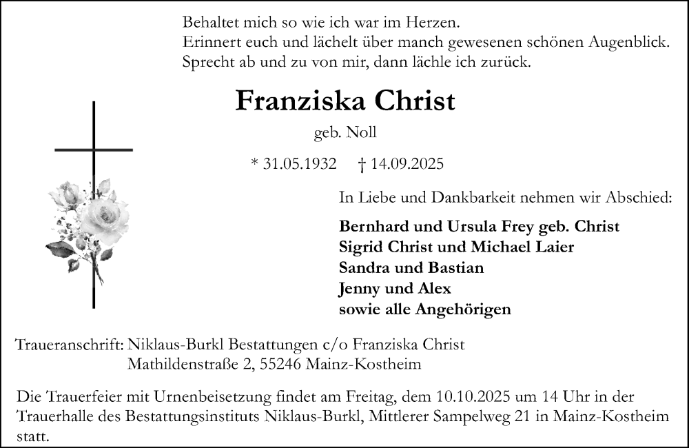  Traueranzeige für Franziska Christ vom 04.10.2025 aus Allgemeine Zeitung Mainz