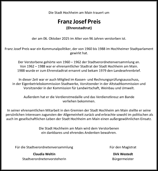 Traueranzeige von Franz Josef Preis von Hochheimer Zeitung