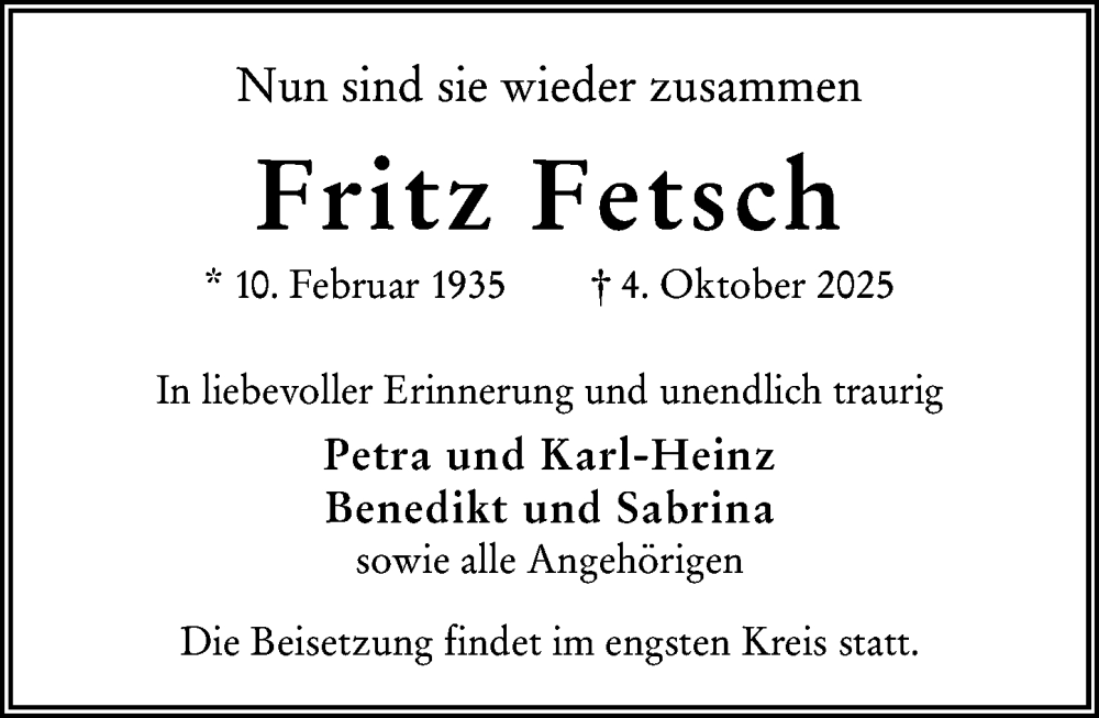  Traueranzeige für Fritz Fetsch vom 11.10.2025 aus Wiesbadener Kurier