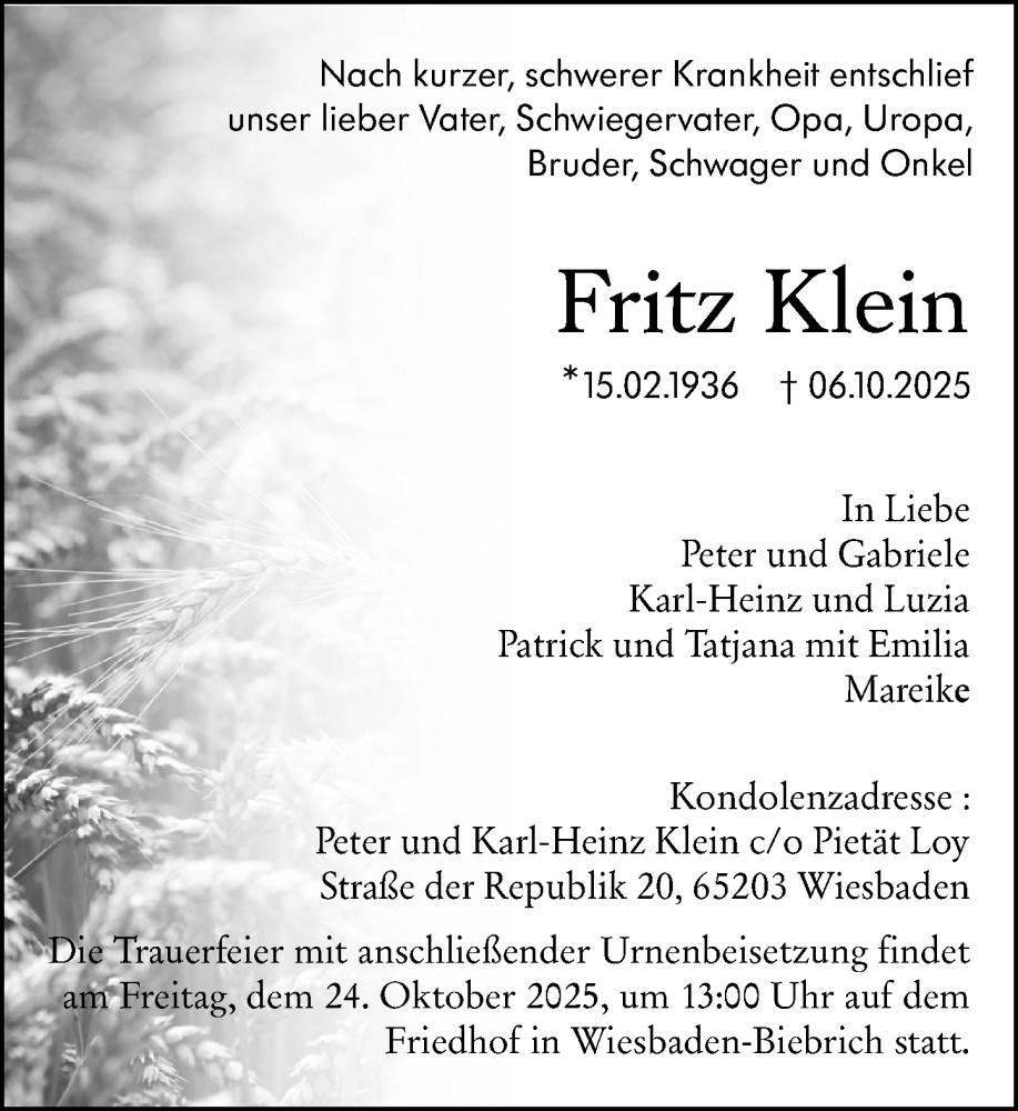  Traueranzeige für Fritz Klein vom 18.10.2025 aus Wiesbadener Kurier