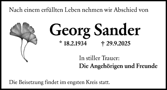 Traueranzeige von Georg Sander von Wiesbadener Kurier