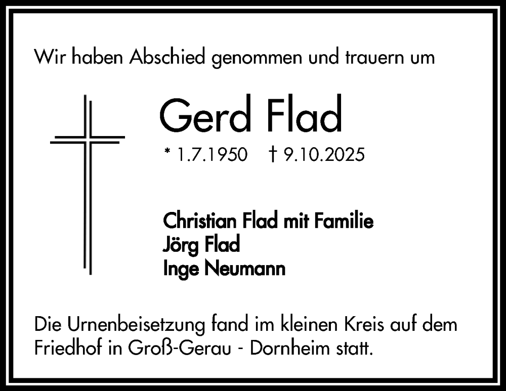  Traueranzeige für Gerd Flad vom 01.11.2025 aus Groß-Gerauer Echo