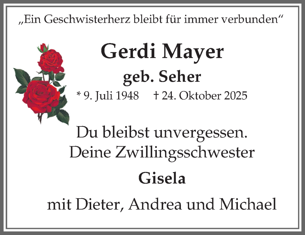  Traueranzeige für Gerdi Mayer vom 01.11.2025 aus Wiesbadener Kurier