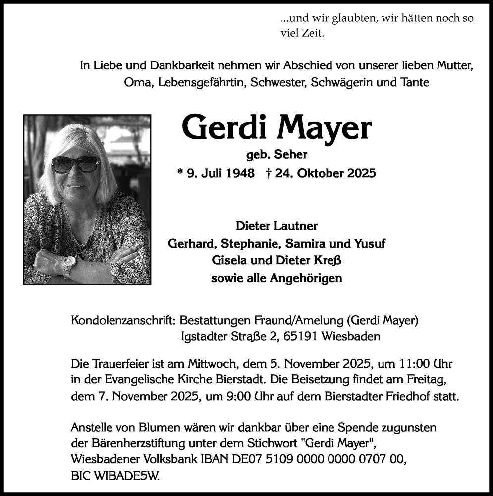  Traueranzeige für Gerdi Mayer vom 01.11.2025 aus Wiesbadener Kurier