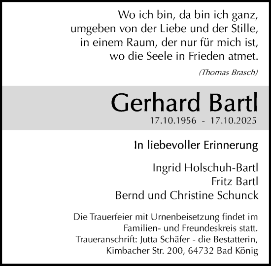 Traueranzeige von Gerhard Bartl von Odenwälder Echo