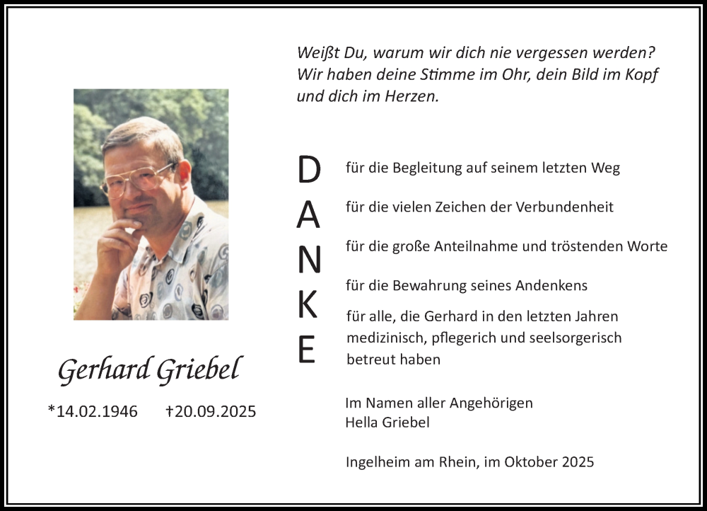  Traueranzeige für Gerhard Griebel vom 18.10.2025 aus Allgemeine Zeitung Rheinhessen-Nahe