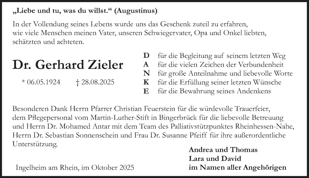  Traueranzeige für Gerhard Zieler vom 04.10.2025 aus Odenwälder Echo